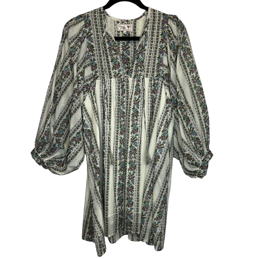 Mille Daisy Balloon Sleeve Goa Stripe Floral Tassel Tie Mini Cotton Dress SZ XS - Picture 2 of 13